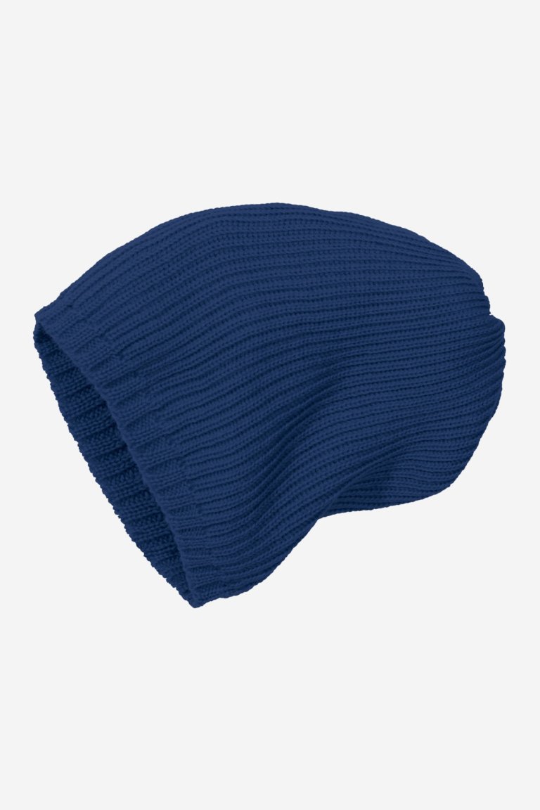 mössa stickad ull barn marinblå
