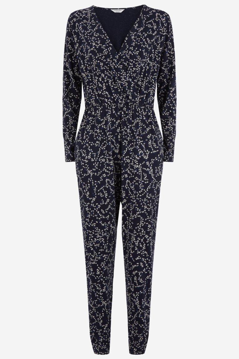 ekologisk jumpsuit odette leafprint marinblå