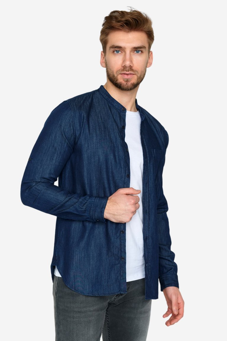 ekologisk jeanskjorta herr plenty raw mörk denim modell uppknäppt