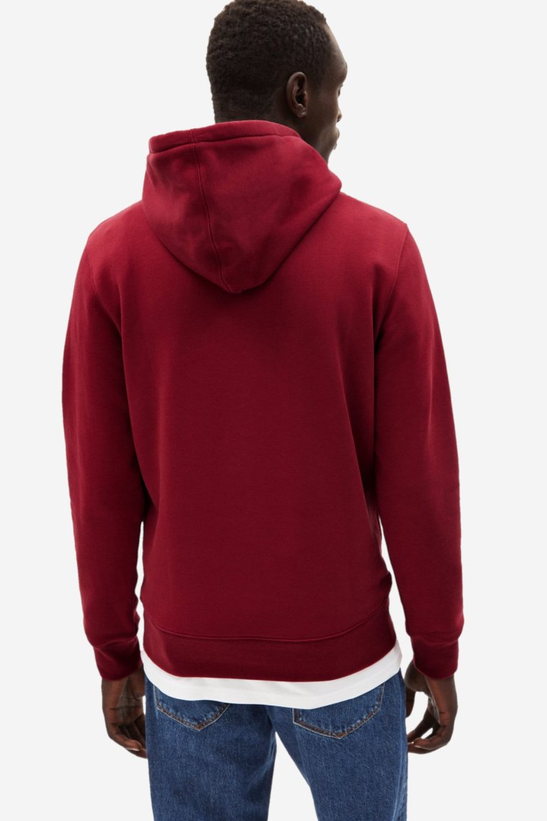 ekologisk hoodie herr paancho vinröd modell bakifrån