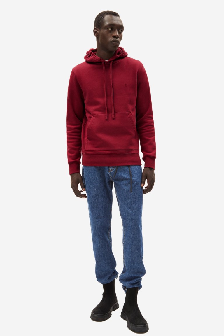 ekologisk hoodie herr paancho vinröd modell helbild