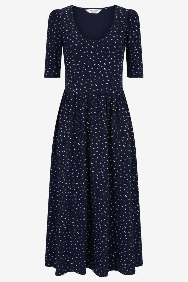 ekologisk klänning trikå marlena seed print marinblå