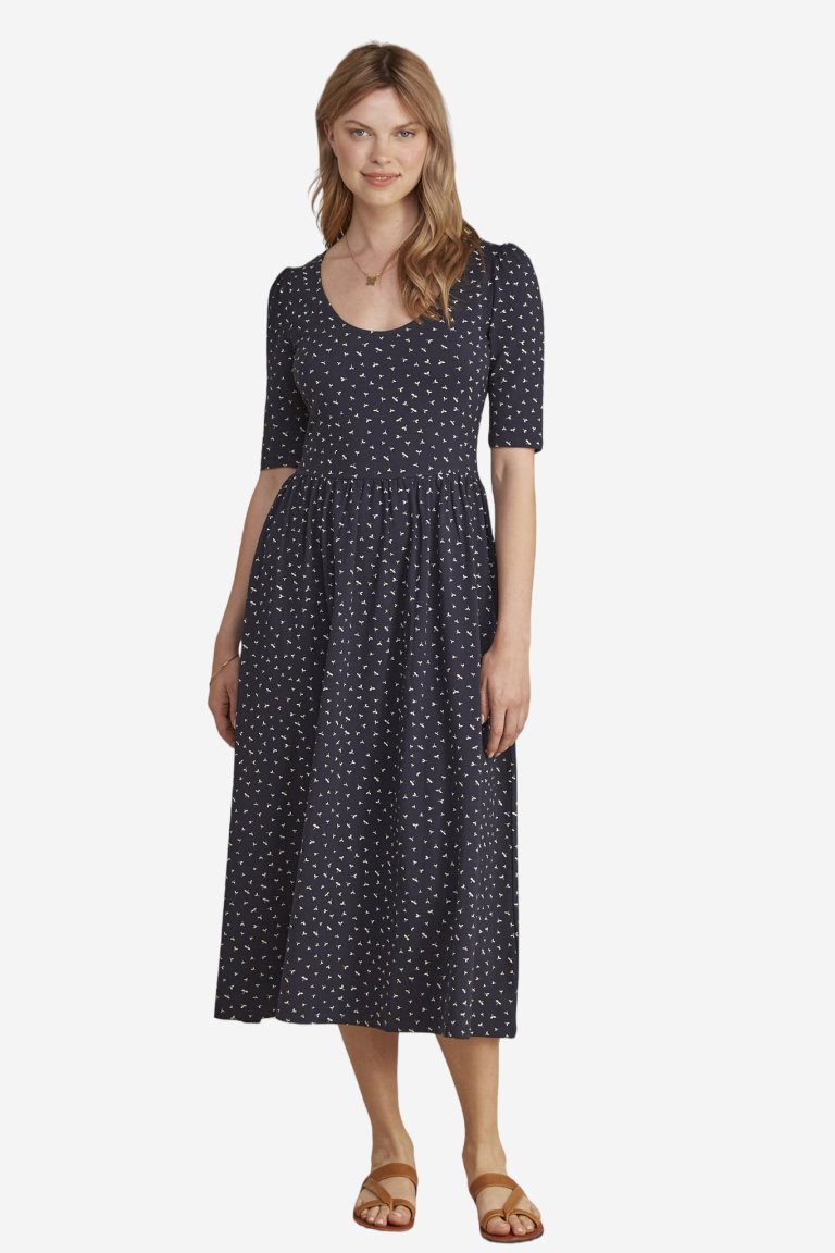 ekologisk klänning trikå marlena seed print marinblå modell helbild