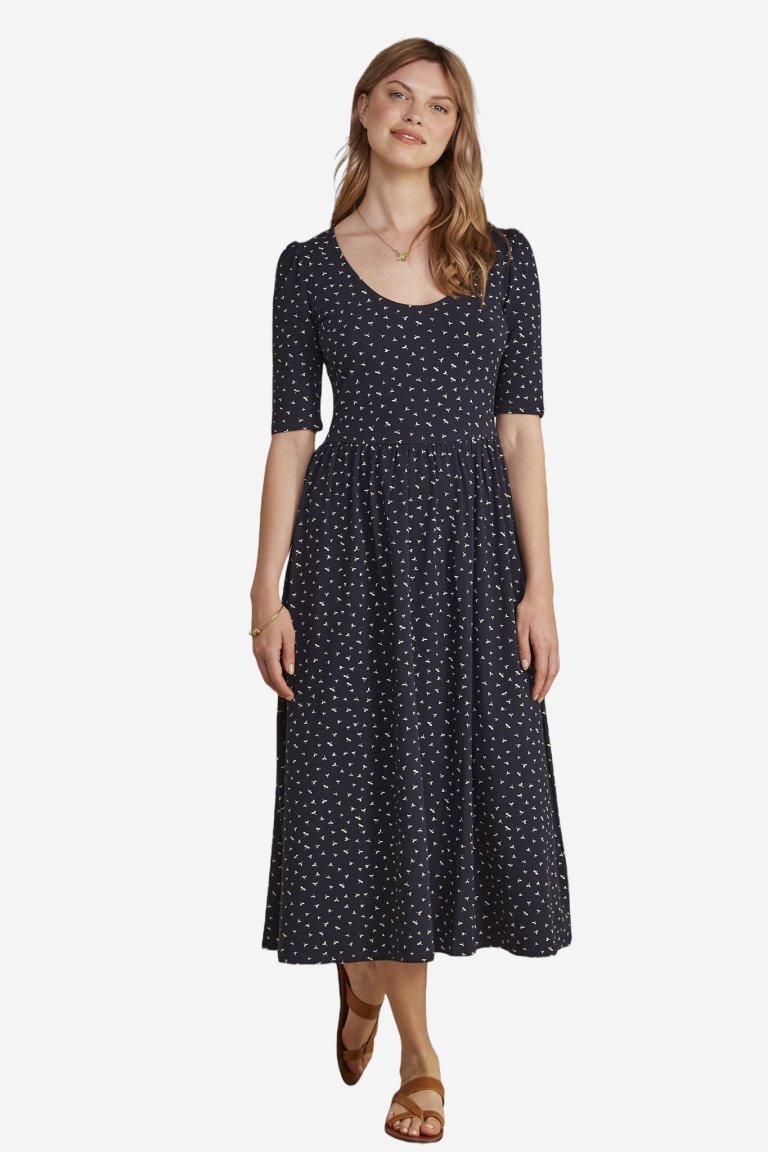ekologisk klänning trikå marlena seed print marinblå modell helbild