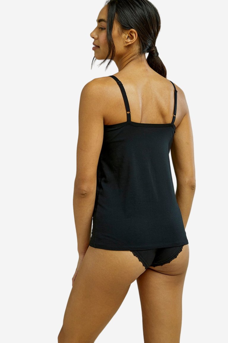 ekologiskt linne camisole dolt byststöd och justerbara axelband svart modell bakifrån