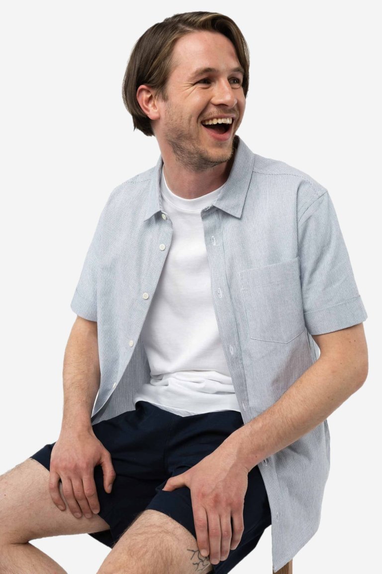 ekologisk skjorta kortärm deepak blå randig modell uppknäppt