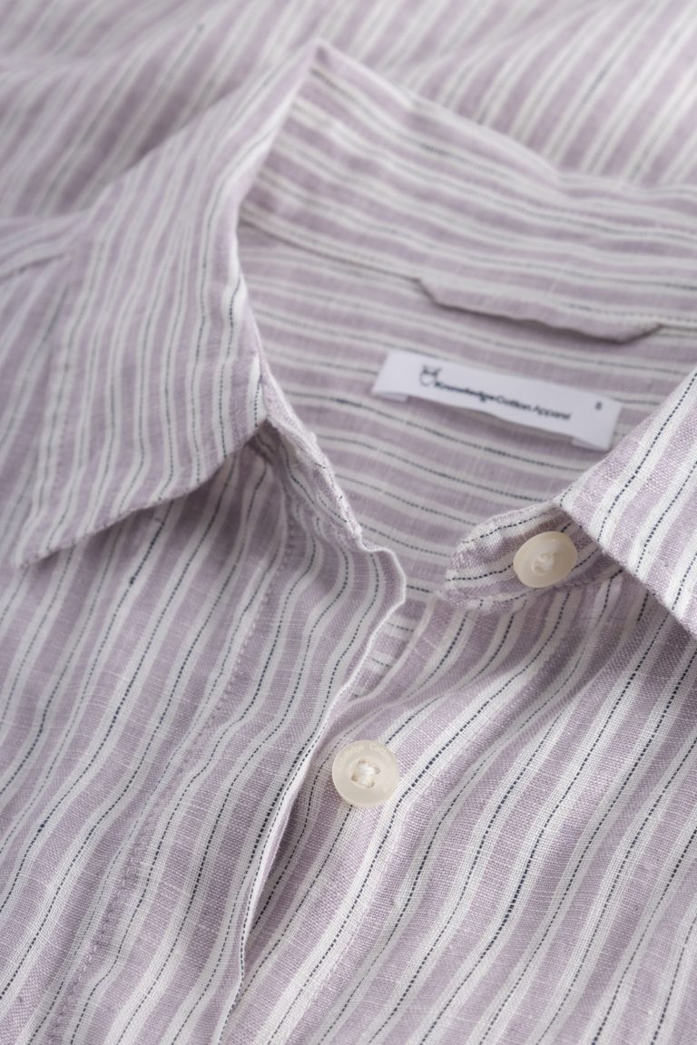 ekologisk skjortklänning lin fickor randing närbild krage