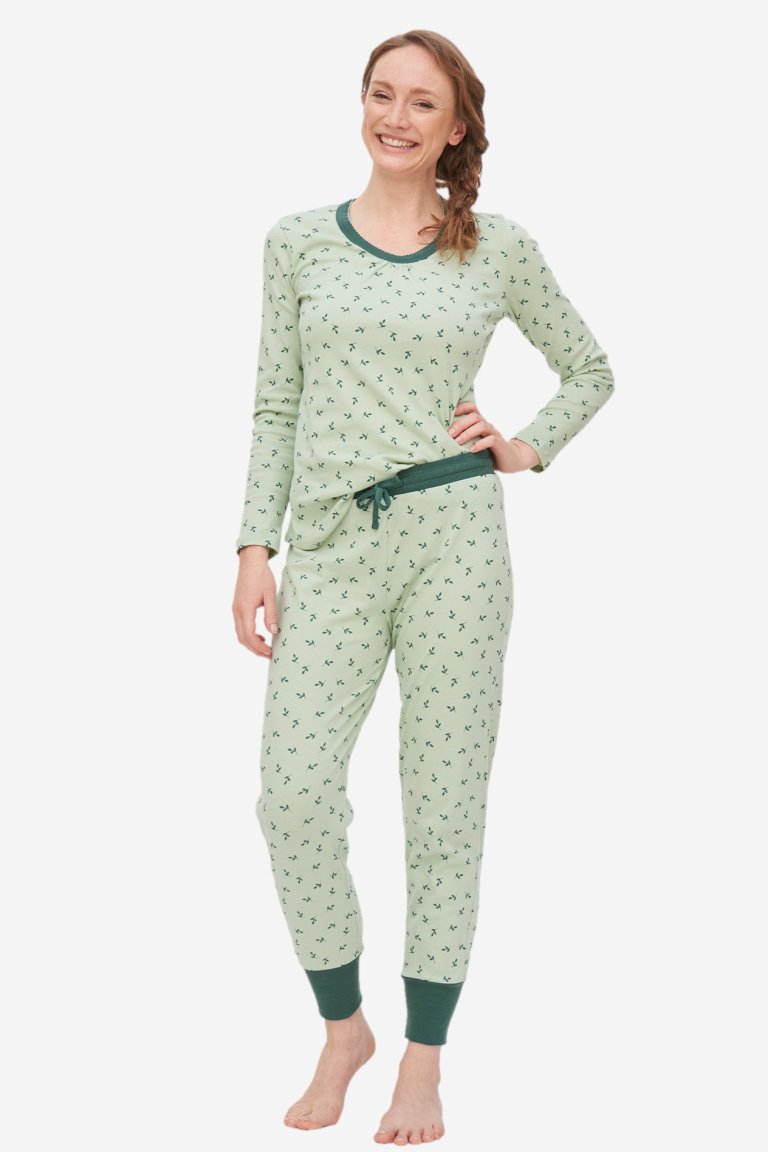 ekologiska nattbyxor dam aveline lövtryck mintgrön modell helbild