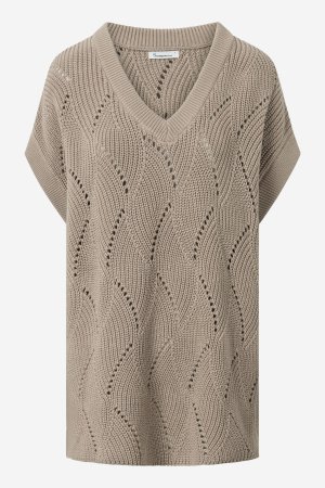 ekologisk väst mönsterstickad bomull lång oversize beige