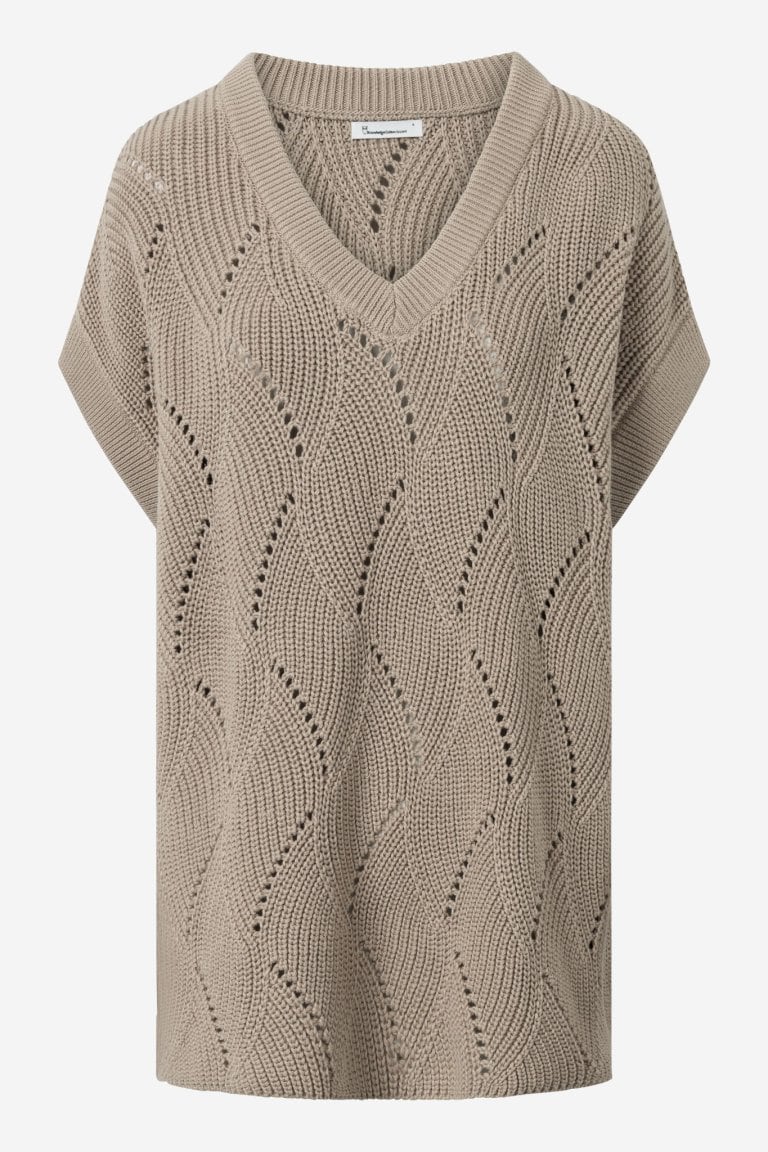 ekologisk väst mönsterstickad bomull lång oversize beige