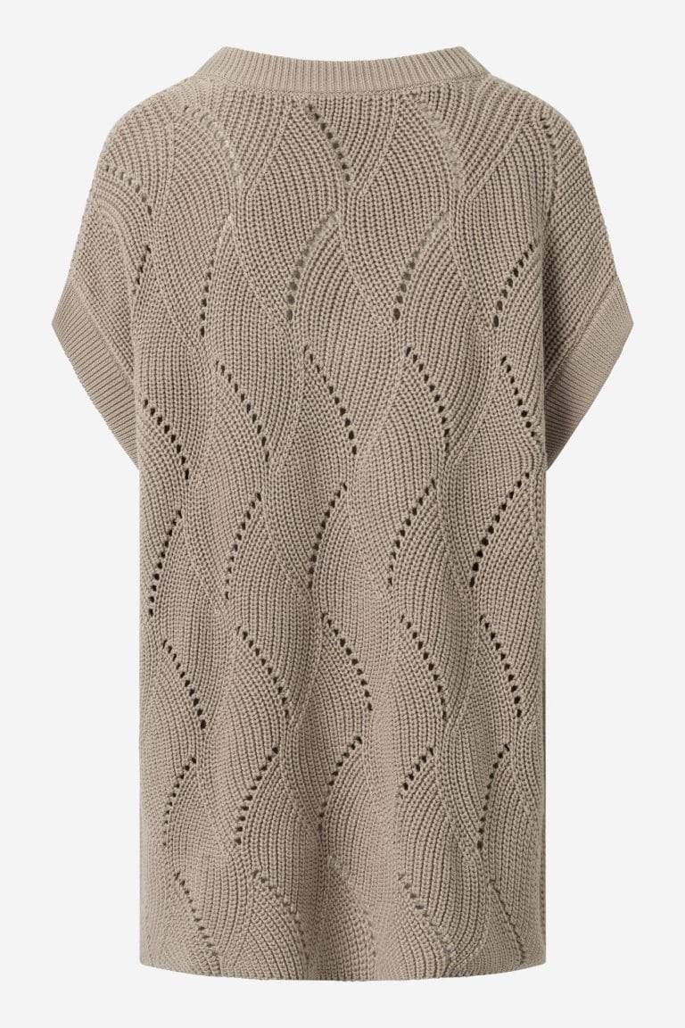 ekologisk väst mönsterstickad bomull lång oversize beige baksida