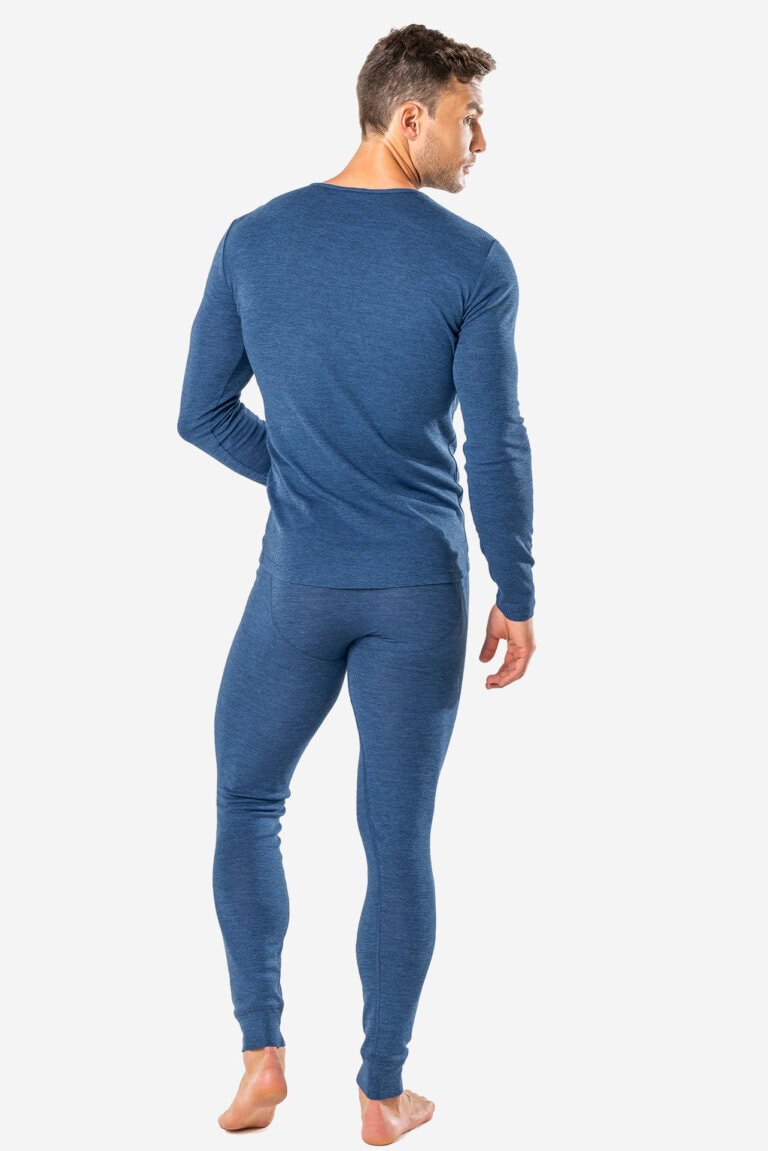 ekologiska långkalsonger ull/bomull linus blå modell bakifrån
